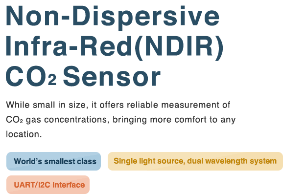 NDIR式CO2センサ（非分散型赤外線吸収） 小型でありながら、高い信頼性でCO2濃度の測定が可能。いろいろな場所でより多くの快適をお届けします。