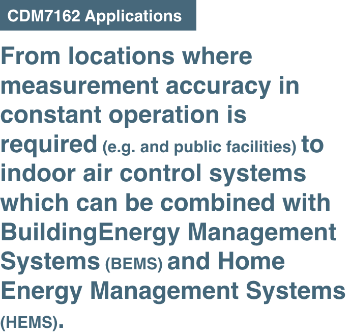 From locations where measurement accuracy in constant operation is required (e.g. and public facilities) to indoor air control systems which can be combined with Building Energy Management Systems (BEMS) and Home Energy Management Systems (HEMS). 