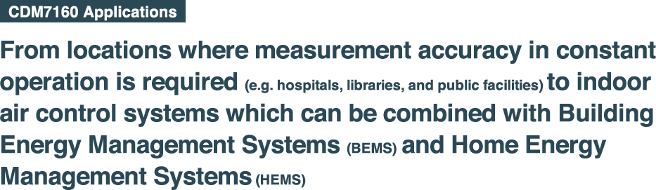 From locations where measurement accuracy in constant 
operation is required (e.g. hospitals, libraries, and public facilities) to indoor 
air control systems which can be combined with Building
Energy Management Systems (BEMS) and Home Energy 
Management Systems (HEMS). 