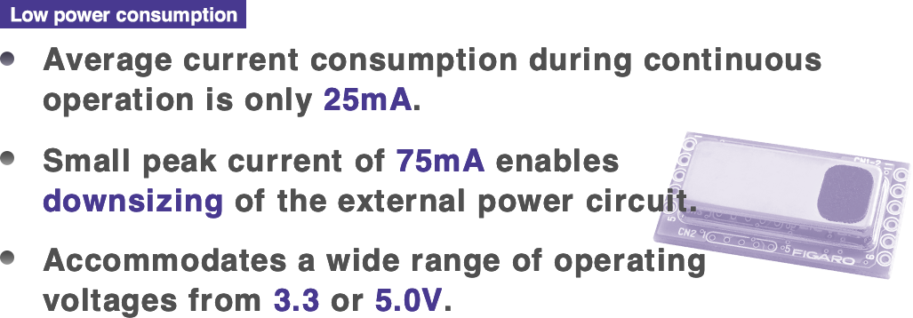 Average current consumption during continuous operation is only 25mA. Small peak current of 75mA enables downsizing of the external power circuit. Accommodates a wide range of operating voltages from 3.3 or 5.0V.